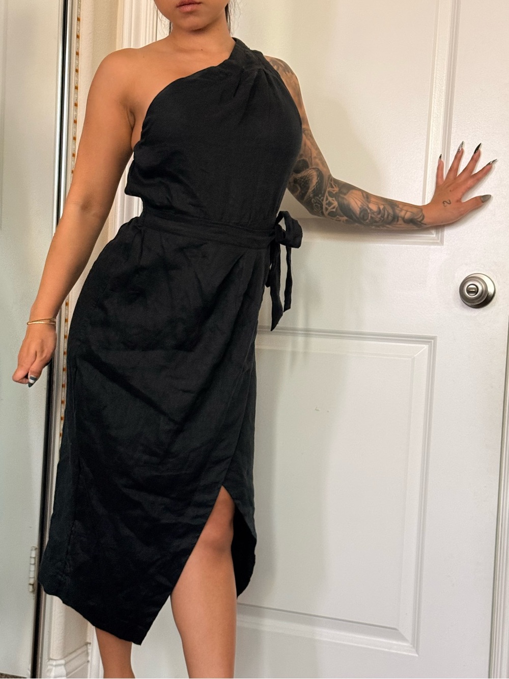 Anthropologie Linen Black One-Shoulder Wrap Midi Dress - Brand